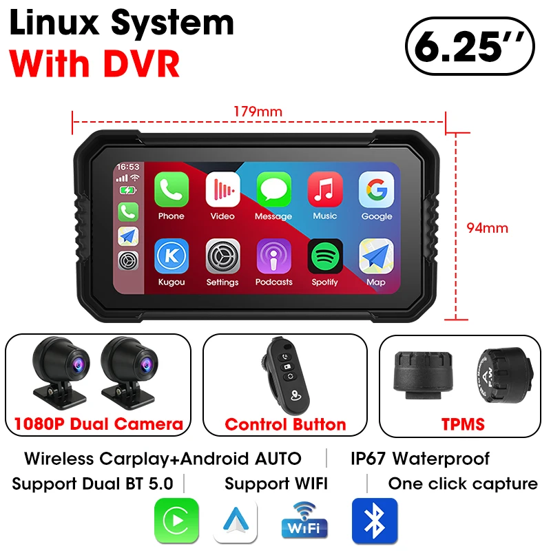 Jansite Draagbare 6.25" Motor GPS-navigatie Draadloze Carplay Android Auto DVR Drive Recorder Moto Monitor IPX7 Waterdicht