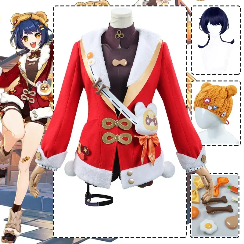 

CosplayGenshin Impact Xiangling Cosplay Costume Red New Year's Uniform Suit Hat Prop Accessories Wig Halloween Party Set Adult W