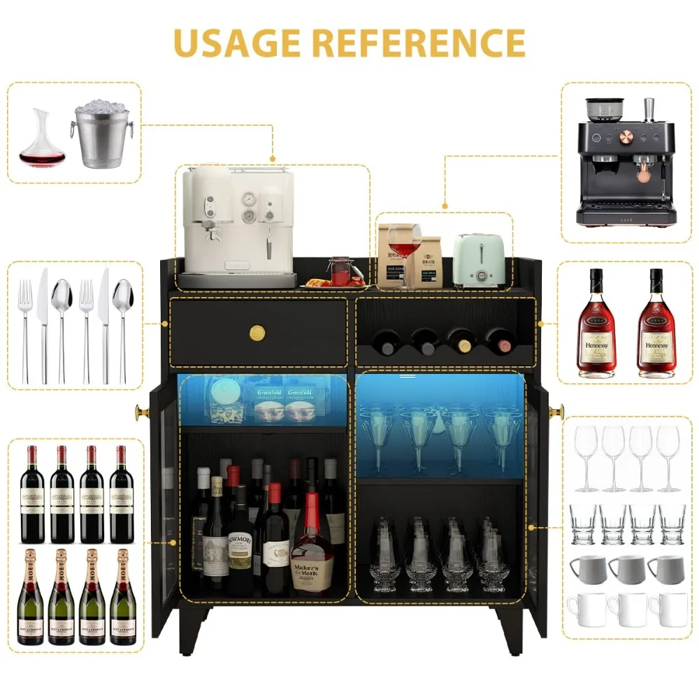 

Small Bar Cabinet, Black Modern Liquor Wine Cabinet with Storage with Led Light, Customized