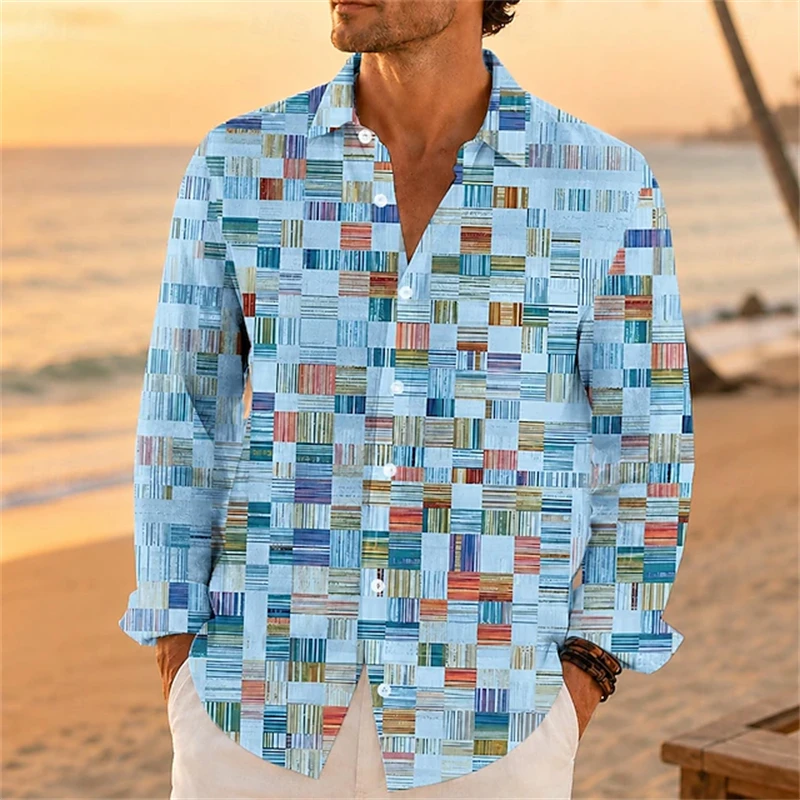 Men's Autumn Casual Long-Sleeve Shirt Stylish Button-Down with Geometric Color-Block Panels Plus Size Street-Style Vacation Top