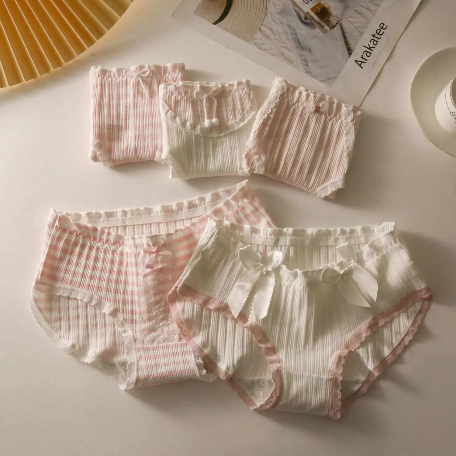 5 Pcs Female Underwear for Women Lace Plaid Panties Korean Mid Rise Pack Set Lingerie Schoolgirl 2024 Cute Bow Summer Briefs New