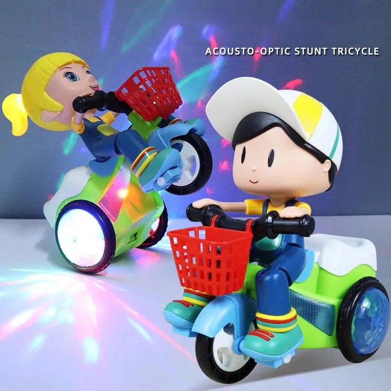 

1Pcs Funny Cute With Music Stunt Cool Tricycle Electric Car Toy 360 Degree Rotate Luminous Motorcycle Baby Toys Christmas Gifts