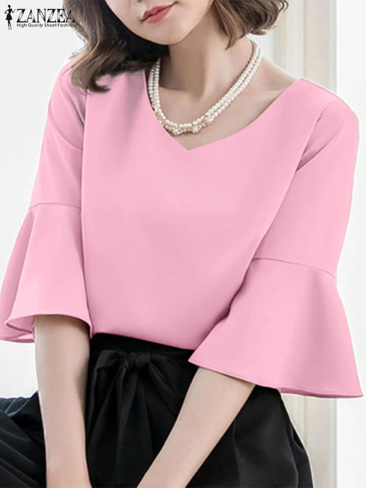 

ZANZEA Elegant Women V Neck 3/4 Ruffle Sleeve Blouse Summer Office Shirt Stylish Solid Work OL Tops Tunic Casual Holiday Blusas