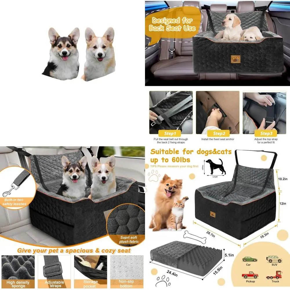 

Pet Car Seat Booster for Medium/Large Dogs Up to 60 lbs or Two Small Dogs, Thick Cushion, 2 Leashes (Black/Gray)