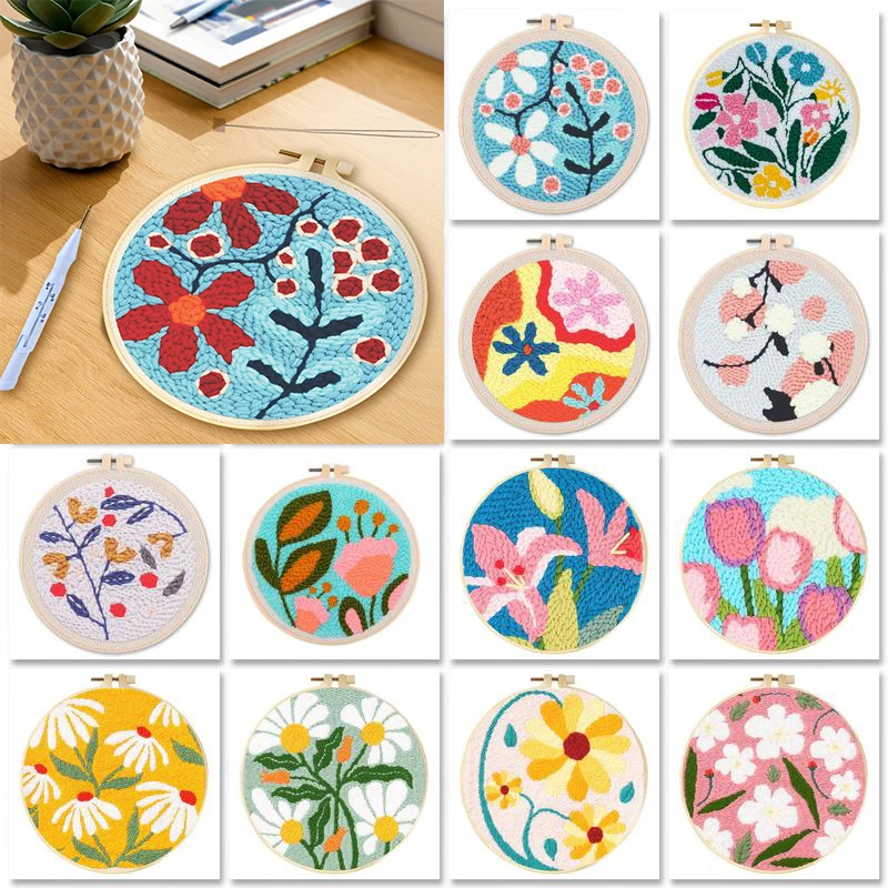 

DIY Embroidery Kits For Beginner Craft Punch Needle Set Rug for Starter Kits with Stamped Sunflower Pattern Fabric Yarn Hoop