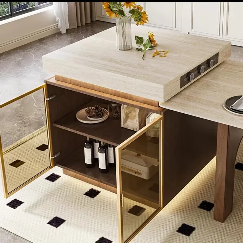 Retro Arc Island Dining Table with Original Wood Grain and Rock Slab Split Type Tea Table Dual Purpose Separable Design