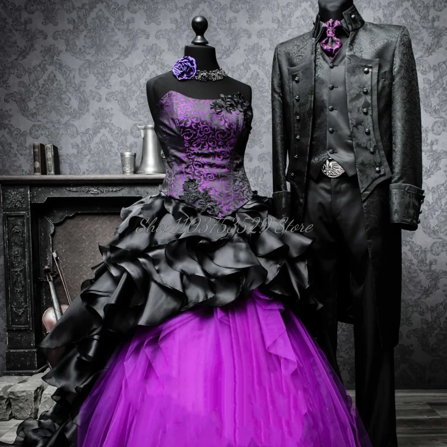 Elegant Purple Vintage Prom Dresses Classic Gothic Rococo Embroidery Lace Up Sheath Tiered Ruched Halloween Masquerade Custom