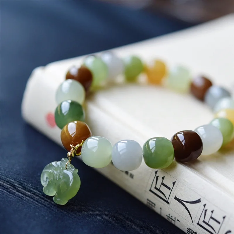 

Multiple Color Natural Hetian Jade Bead Bracelet Retro Green Purple Yellow Jade Elephant Pendant Lucky Accessories Fine Jewelry