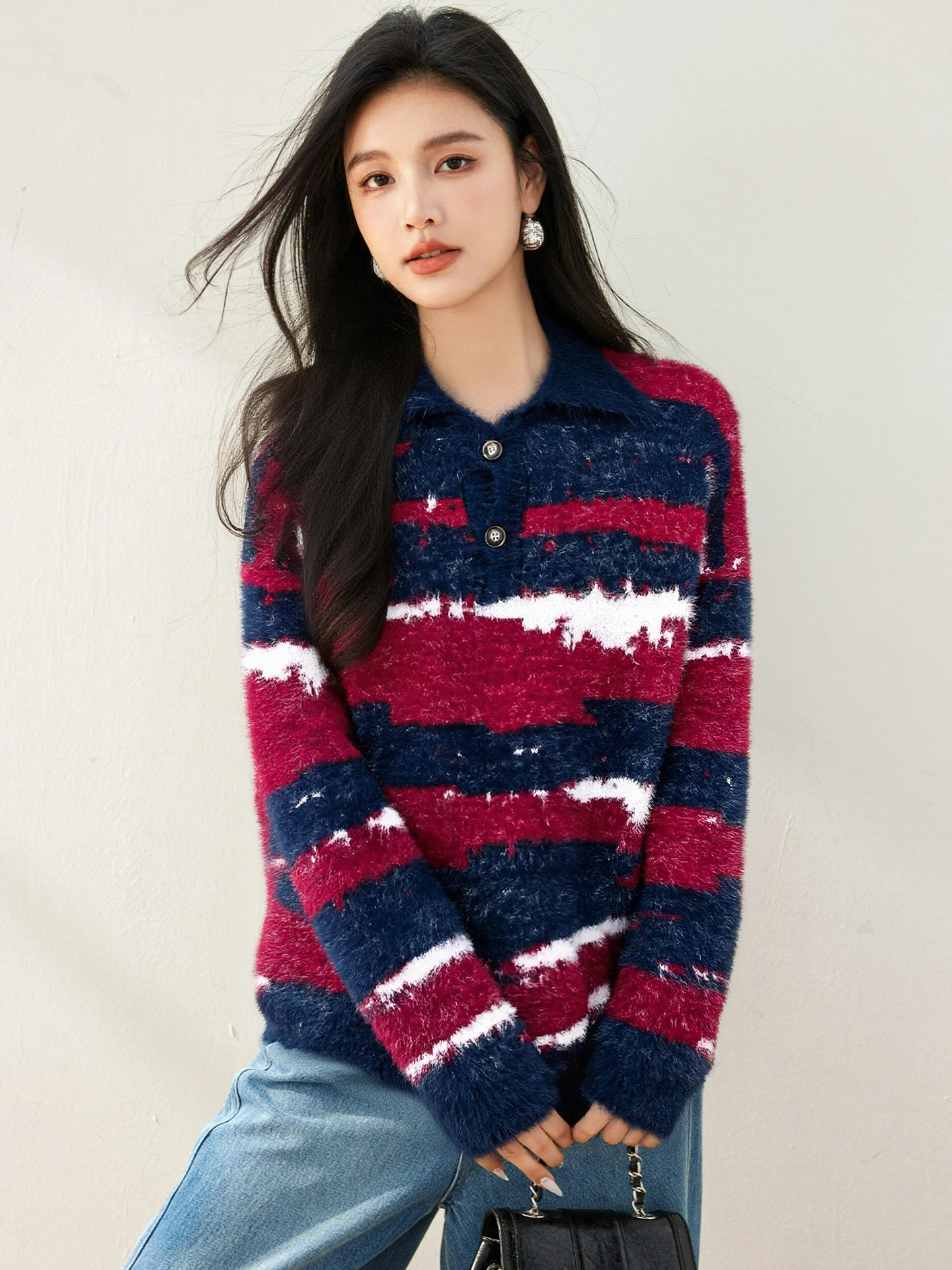 الأمريكية الرجعية المتناقضة اللون التلبيب سترة للنساء طويلة الأكمام فضفاضة محبوك القمم الخريف الشتاء الدافئة سميكة تريكو 9825 #2