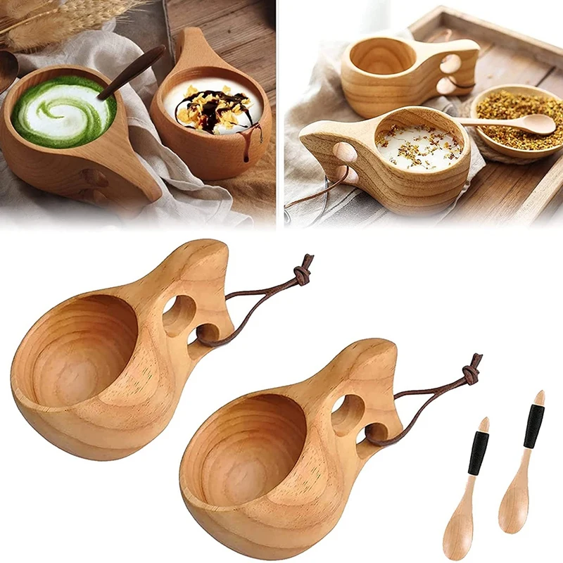 Tasse à café en bois de style nordique avec cuillère, tasse Kuksa, portable, extérieur, camping, boire, 2 paquets