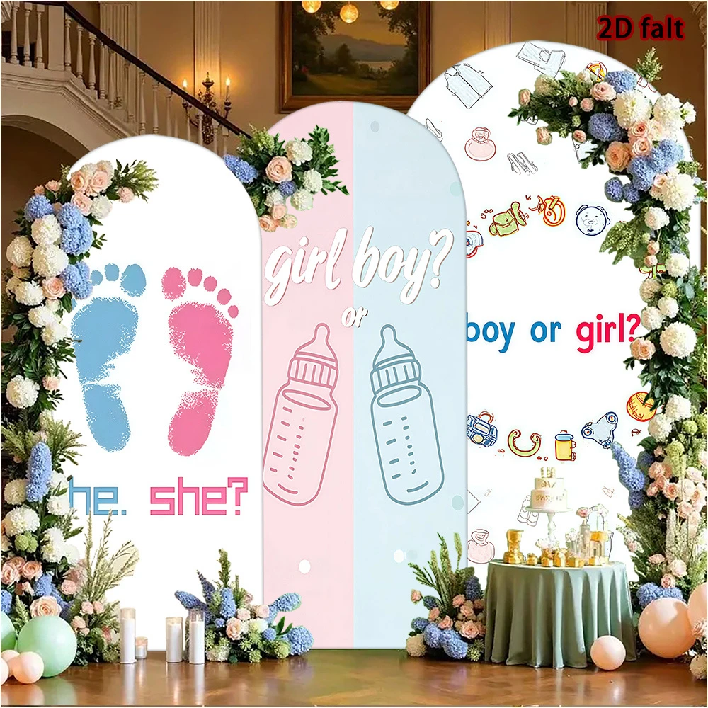 VIKAMA Housse de toile de fond arquée pour révélation du sexe garçon ou fille, rose et bleu, avec empreinte de pied et bouteille, en spandex, pour décoration de fête de baby shower