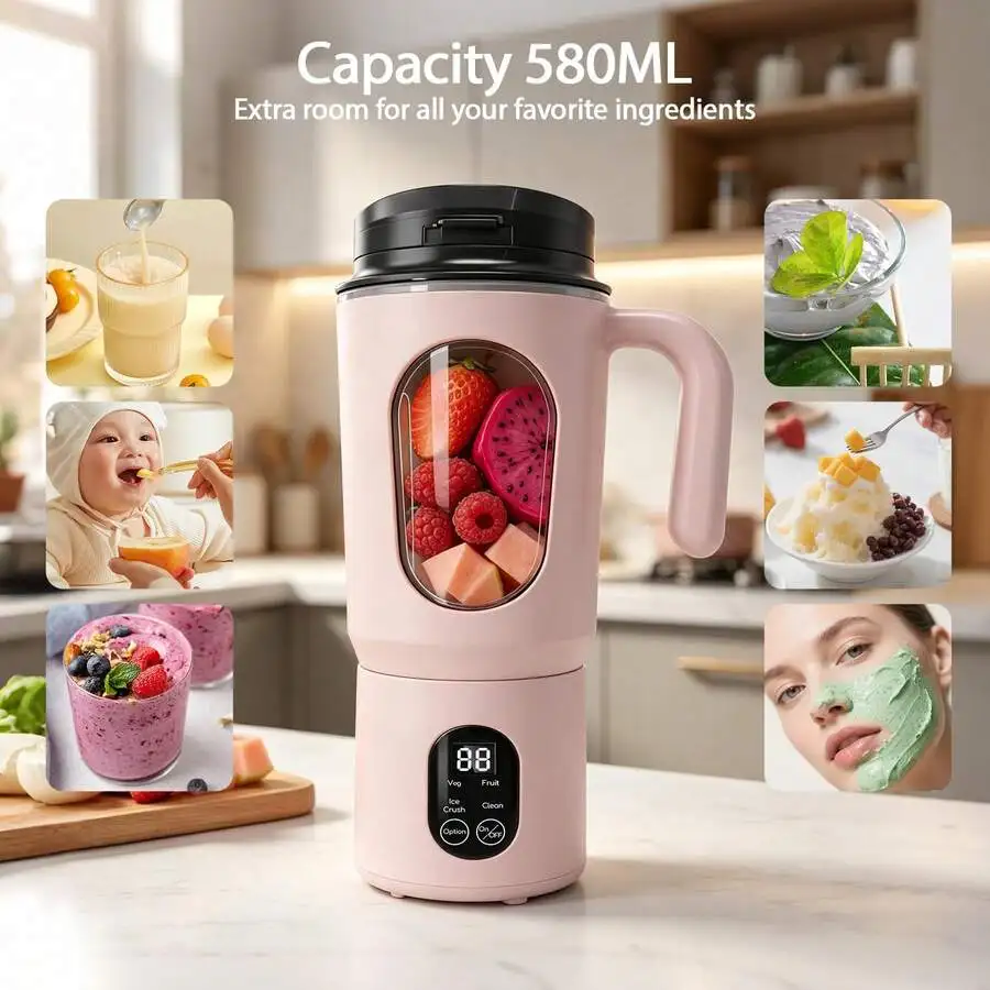 2-In-1 USB-Rechargeable Portable Juicer,12 Blade Mini Blender, 580ml, Detachable Cup, Digital Display, Four Modes, Easy To Clean