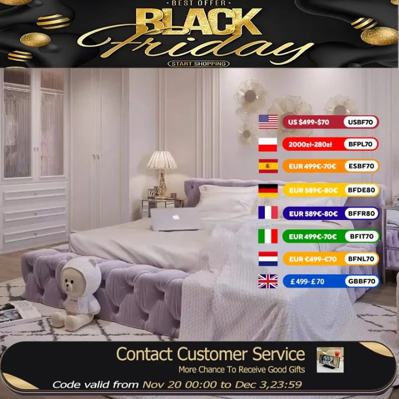 

Queen Luxury Velvet Bed Bedroom Designer Fabric Big Modern Adults Double Beds Loft Floor Princesse Cama De Casal Furniture Home