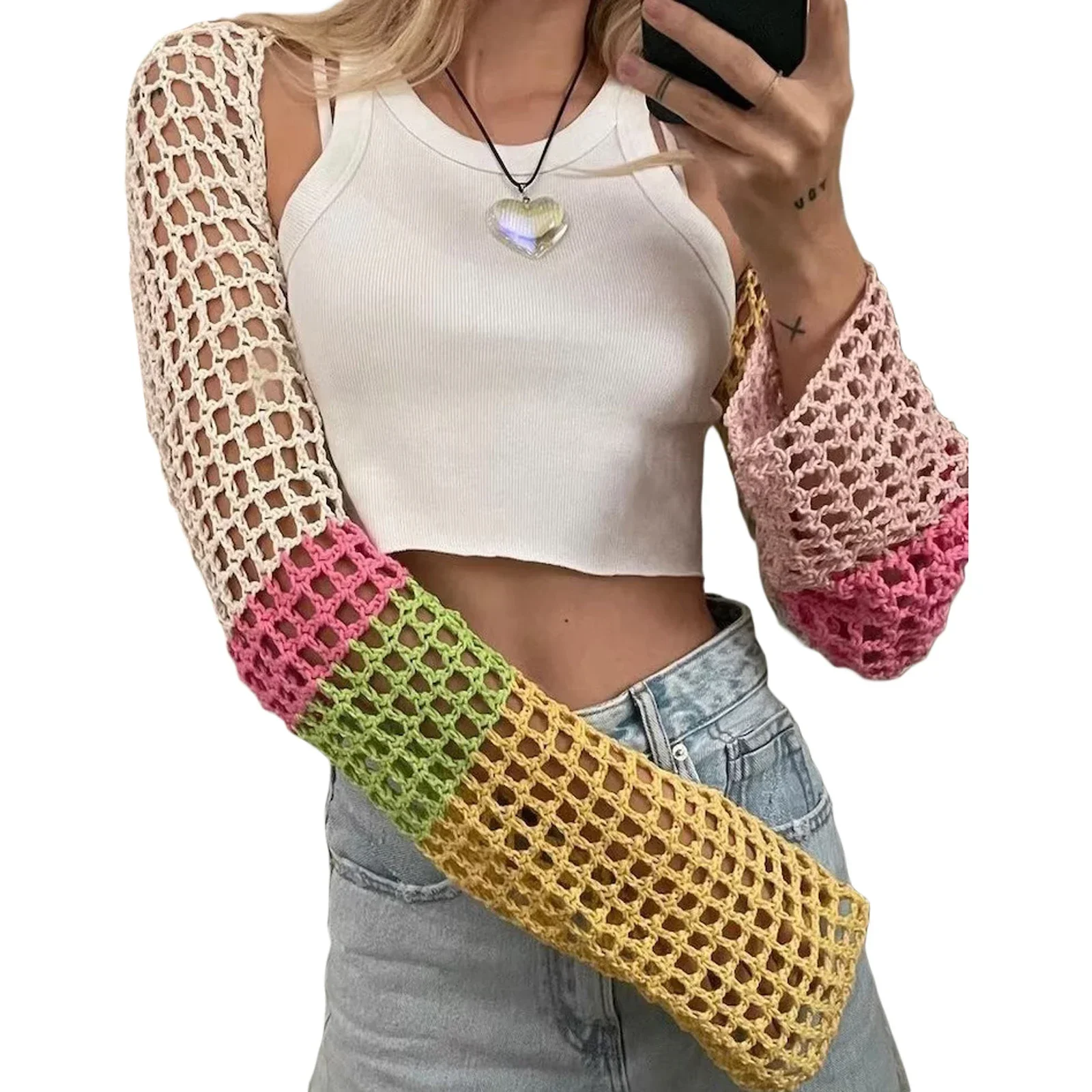 Women Mesh Shrug Long Sleeve Crochet Contrast Color Ladies Summer Crop Tops for Daily Party