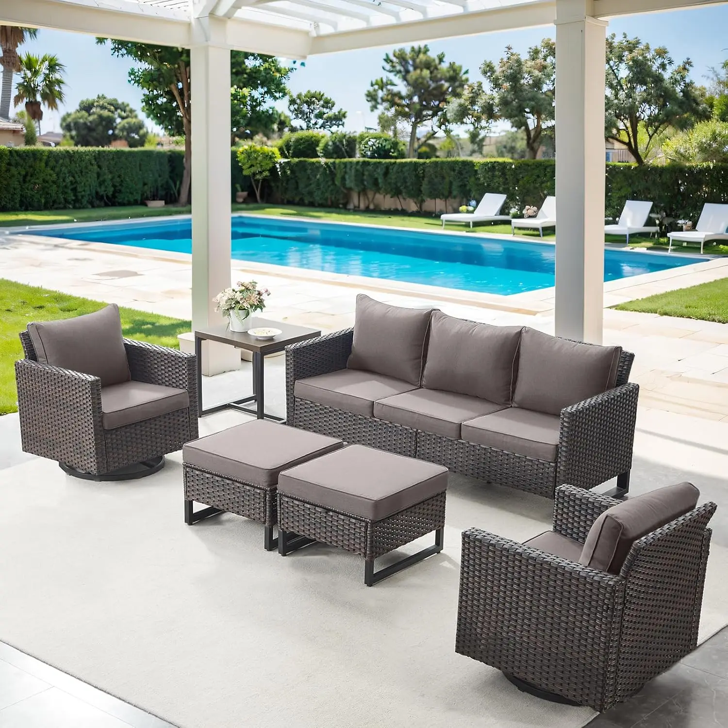 6 Piece Wicker Patio Furniture Set - Outdoor Swivel Rocker Chairs Set with Side Table, 3 Seat Sofa and Ottomans,, Customized