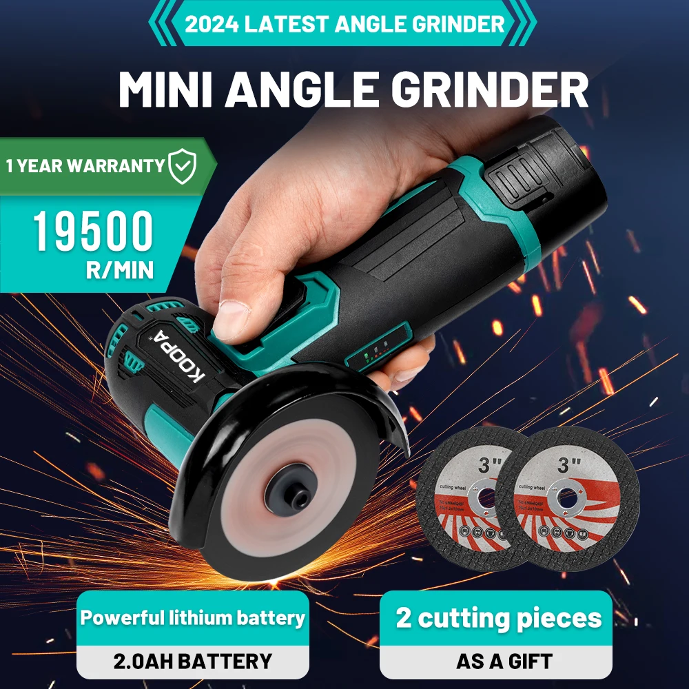 Koopa 19500rpm Mini Angle Grinder Power Tools,Handheld Portable Electric Grinder Machine with 2 Cutting Disc and 2.0Ah Battery