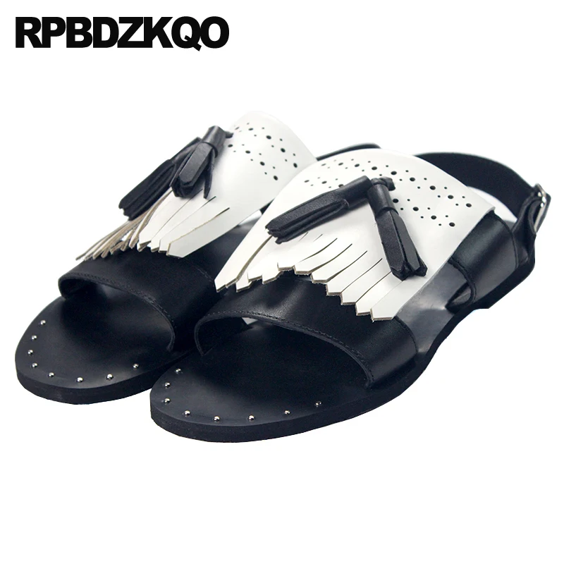 2023 Fringe Summer Strap High Quality Luxury Designer Shoes Men Open Toe Genuine Leather Outdoor Stud Rivet Tassel Black Sandals