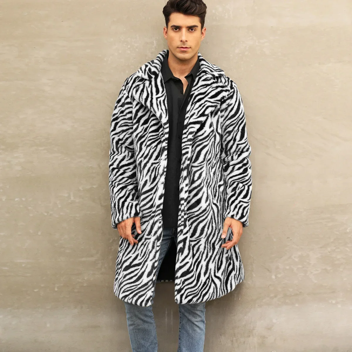 Men Faux Fur Jacket Coat Winter Fluffy Zebra-stripe Long Sleeve Warm Shaggy Outerwear Luxury Fur Long Jacket Bontjas Jackets Men