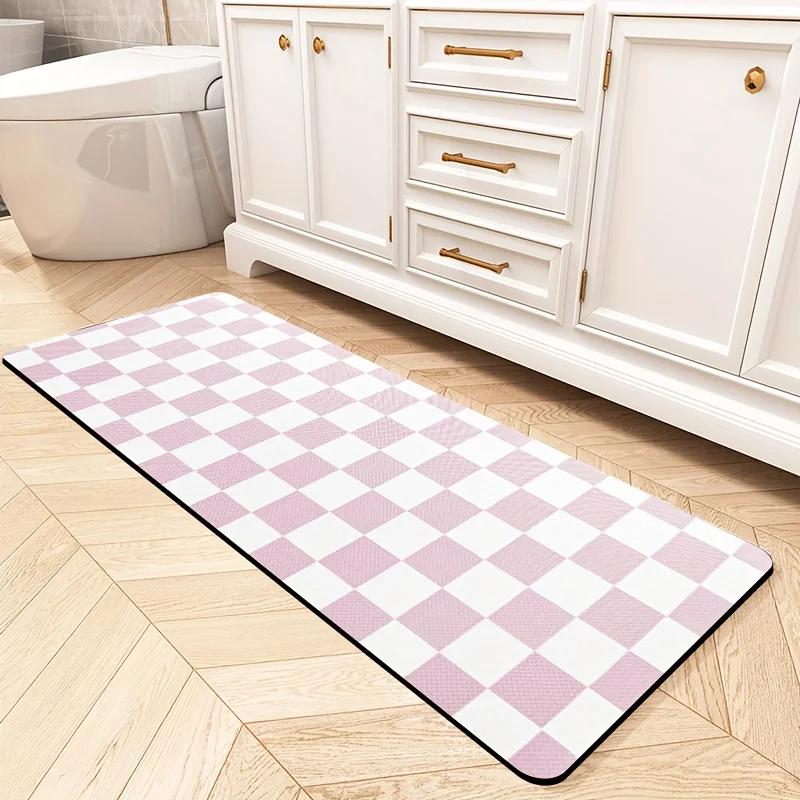 Cute Pink White Checkerboard Pattern Diatomaceous Earth Kitchen Mat,Non-Slip Oil-Proof Waterproof Stain Resistant Long Floor Rug