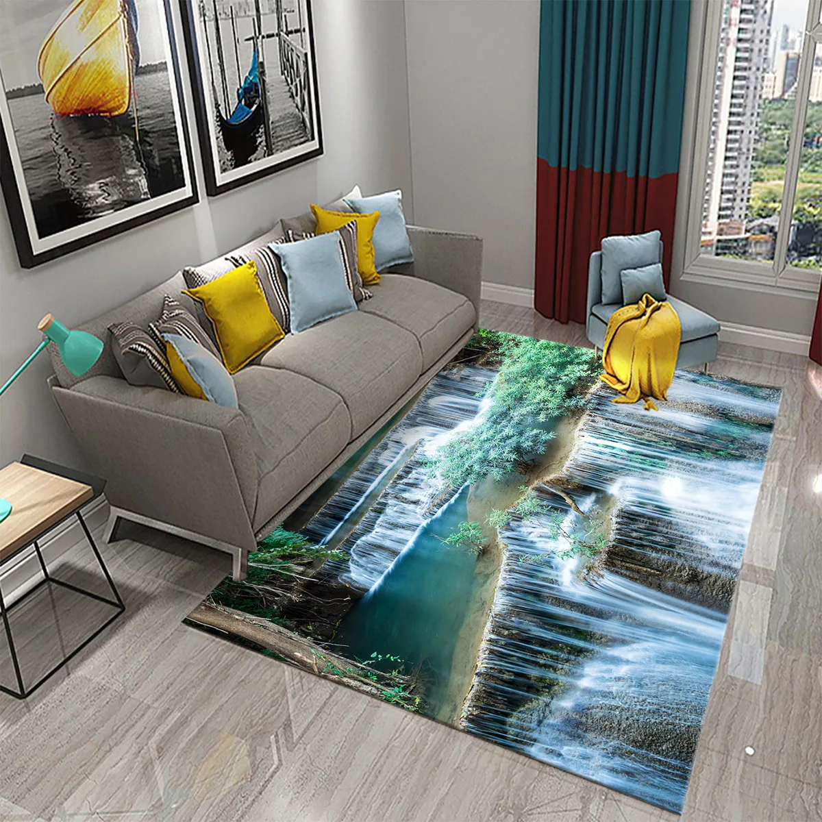 Green Forest Waterfall Scenery Carpet Nature Landscape Carpet Bedroom Kitchen Living Room Bathroom Shower Non-slip Rugs Carpet