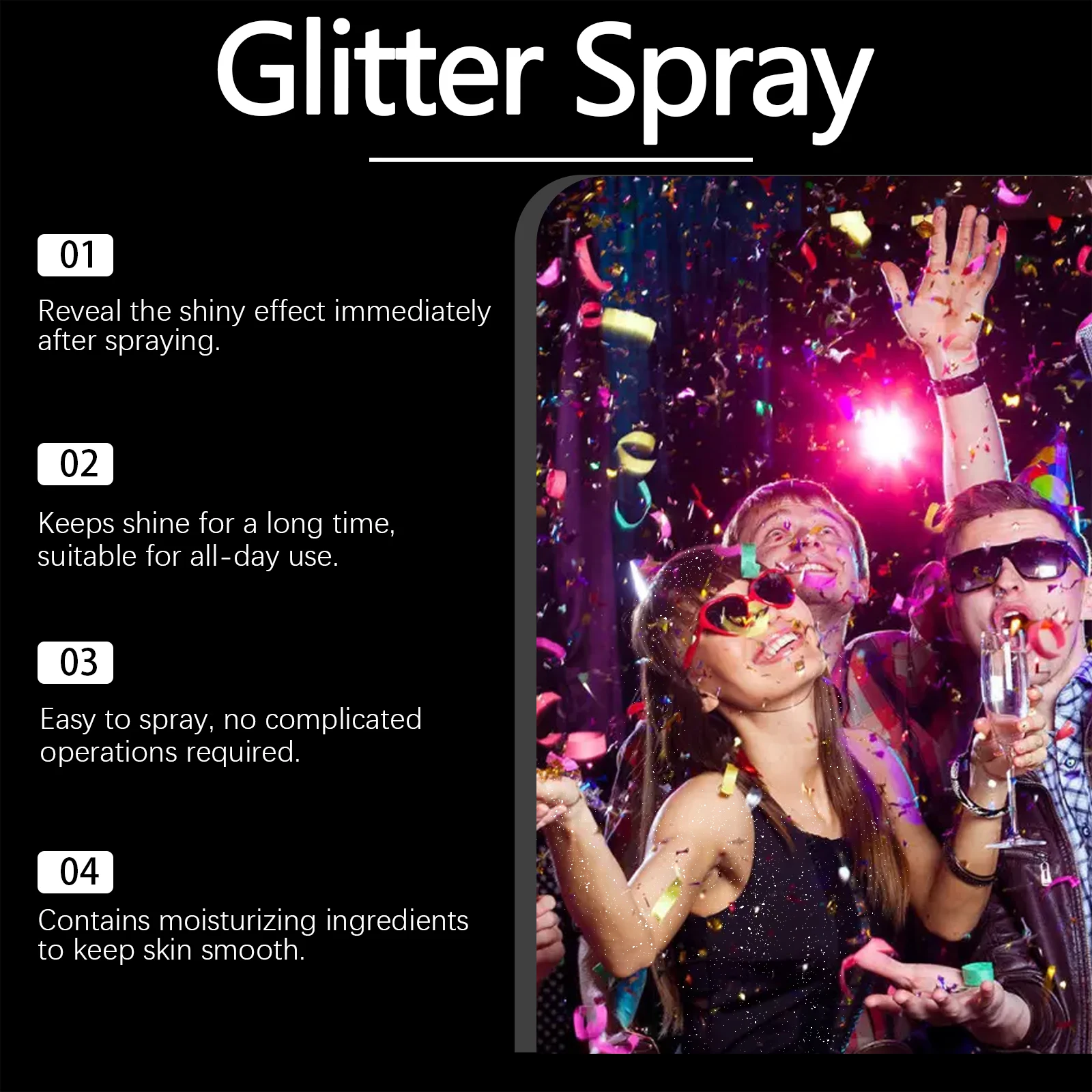 Spray ad alto glitter Fulling effetto scintillante per il corpo Brillante a lunga durata Festa in discoteca per la pelle Capelli Trucco viso Polvere glitter per la pelle