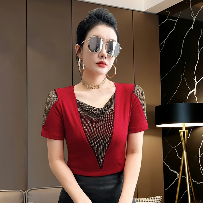 Summer New 2026 Fashion Casual Short Sleeved Women's T-Shirt Elegant Slim Hollow Out Mesh Tops Patchwork Blusas