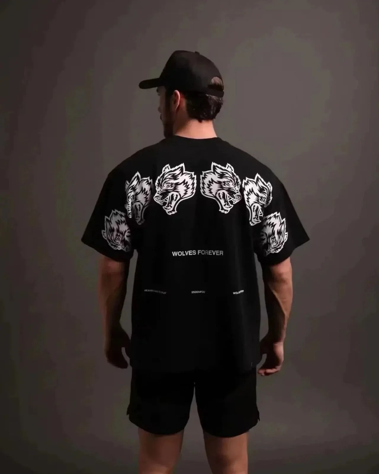 T-shirt unisexe surdimensionné avec imprimé loup, en coton, à manches courtes, pour la salle de sport