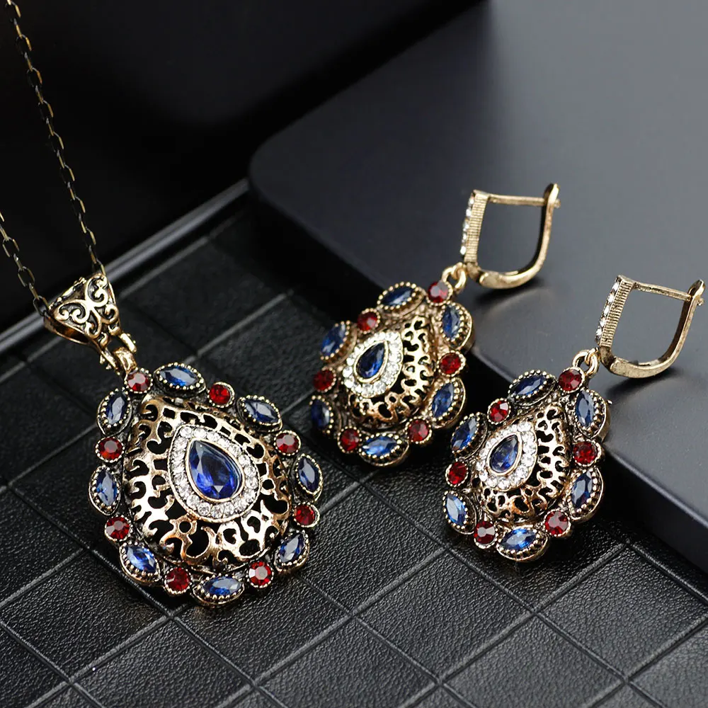 Neovisson Elegent Antique Turkish Bride Jewelry Sets Arabic Earring Necklace Round Crystal Vintage Indian Wedding Jewelry