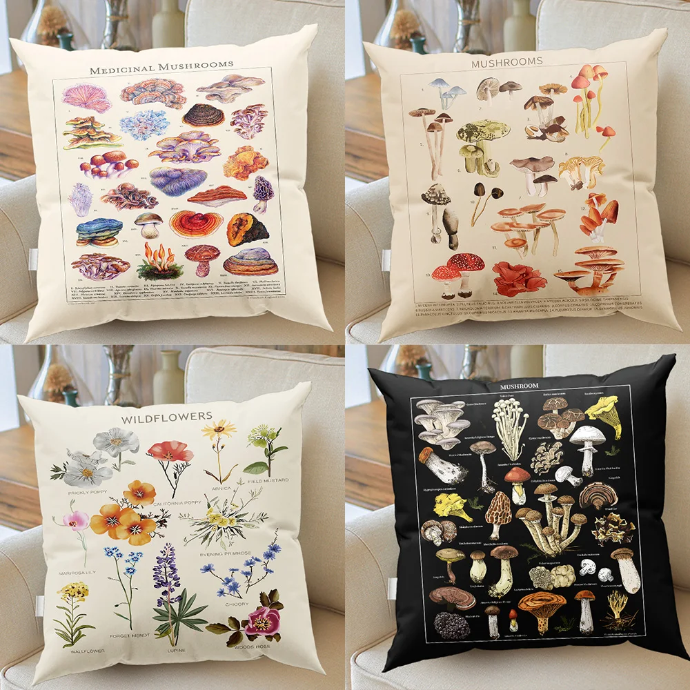 Mushroom Botanical Throw Pillows Wildflower Reference Chart  Home Chair Decorative Pillows Sofa Cushions Gifts pillowcase