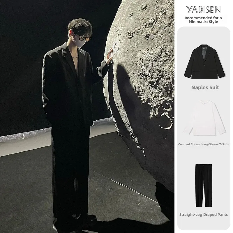 

Vintage Bla Suit Jaet Tee-Piece Set for Men Mature Sli Casual Wear Polyester Fiber Long Sve Stand Fit