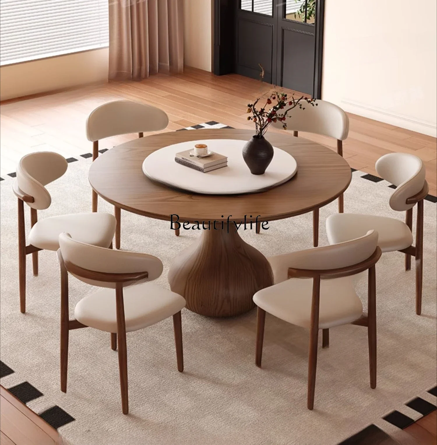 

White wax wood blue and white porcelain round dining table in the ancient style walnut color ribbon turntable