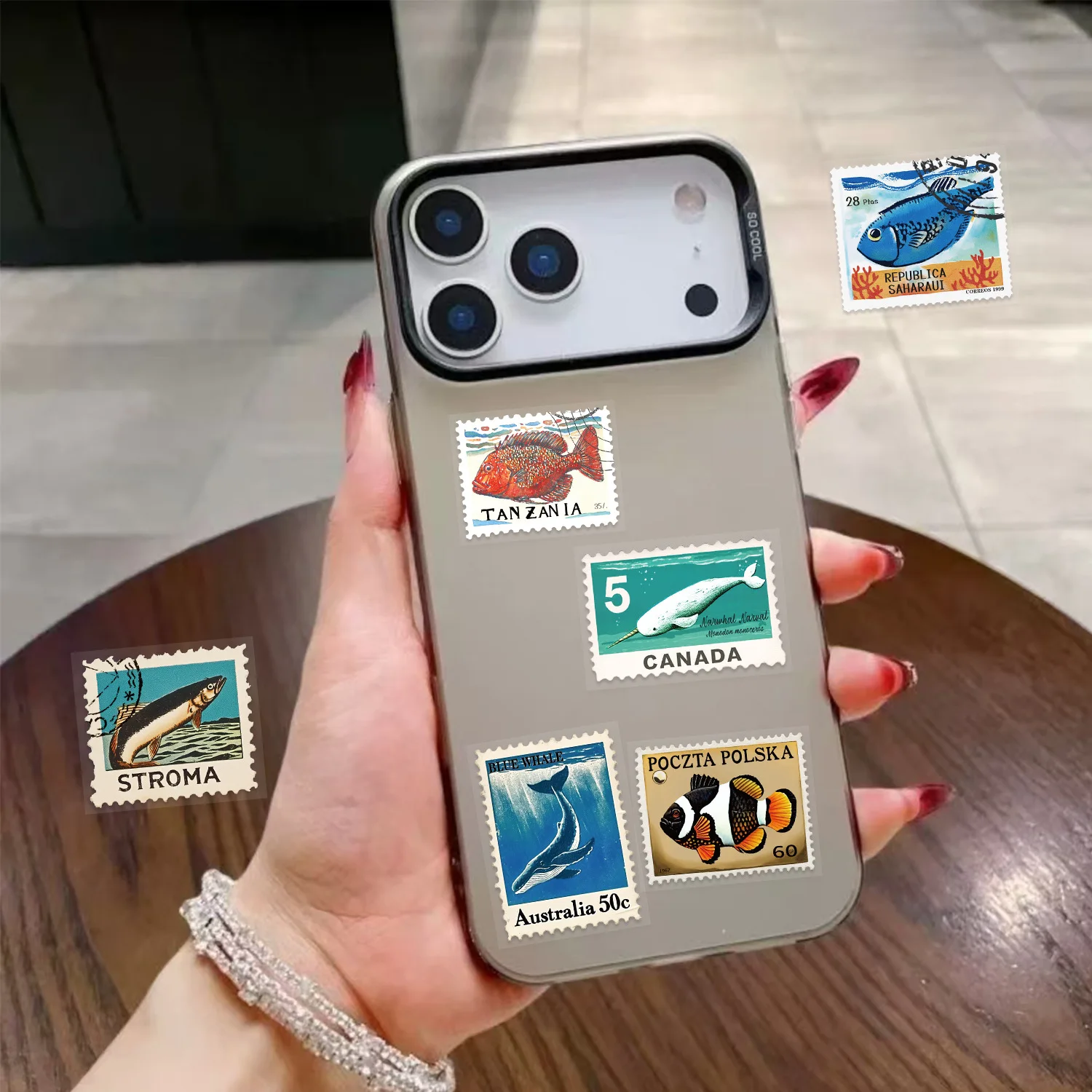 50Pcs Retro Marine Life Animals Stamp Stickers Cartoon Vintage Art Decals Suitcase Phone Laptop Guitar Sticker Decoration