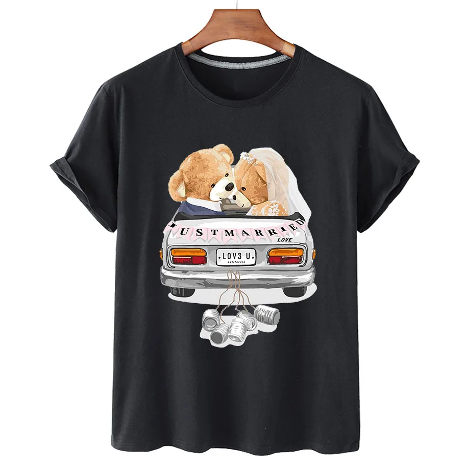 

100% Cotton Wedding Bear T Shirts Summer 2022 T Shirts Women Short Sleeve O Neck T Shirts Unisex Plus Oversized Women T Shirts