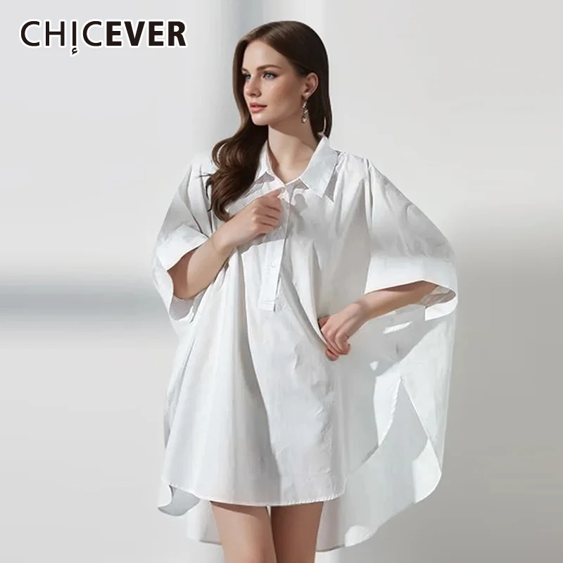 

CHICEVER Basics Solid Long Blouses For Women Lapel Batwing Sleeve Irregular Hem Patchwork Single Breasted Vintage Shirts Female