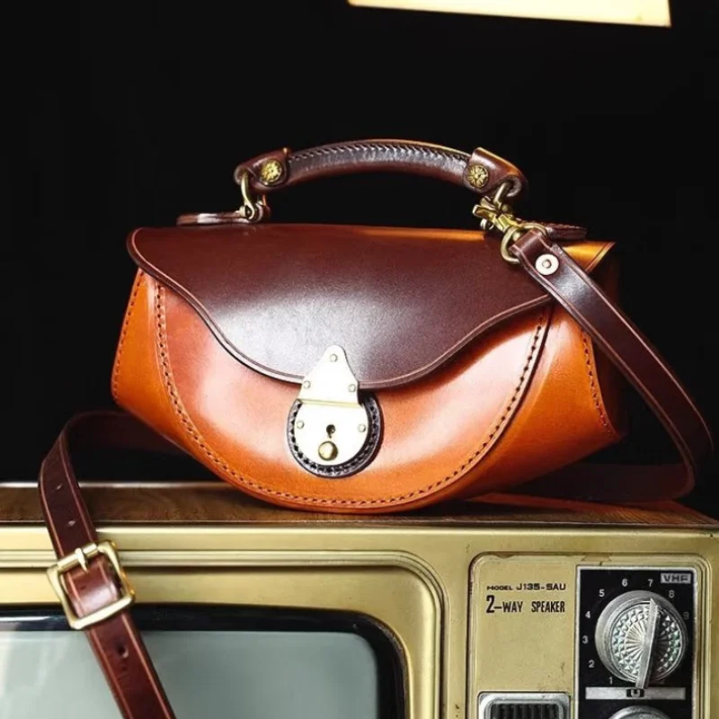 

Роскошная кожаная женская сумка с двухцветным пэчворк-дизайном, ретро-замком из латуни, верхней ручкой и ремнем через плечо, премиум-класса, повседневная сумка-сэтчел