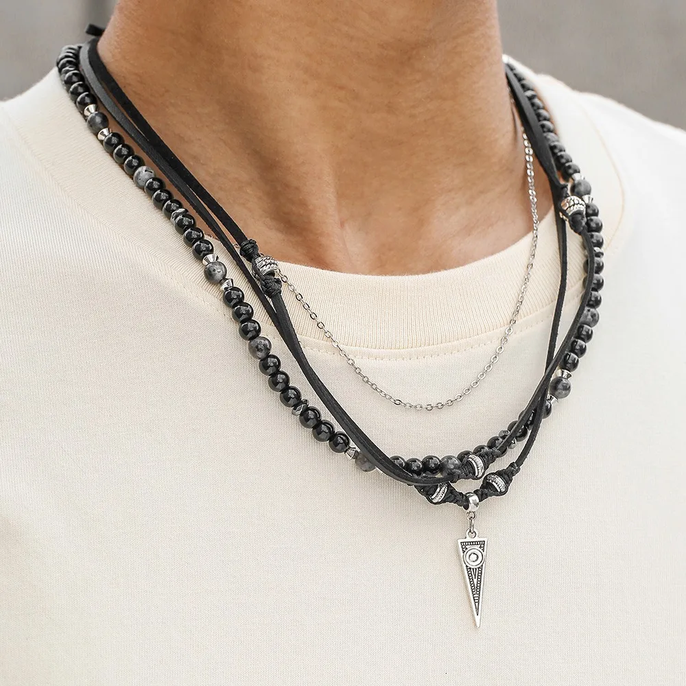 Hip-hop Retro Western Metal Triangular Pendant Black Agate Beads Leather Rope Multi-layered Necklace for Men Punk Biker Jewelry