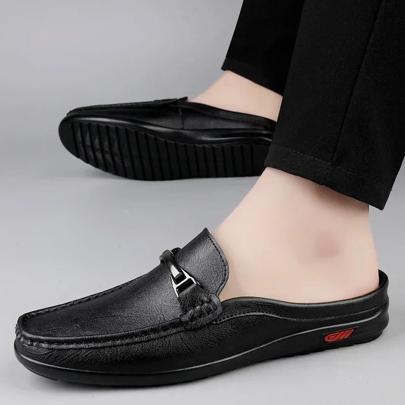 Luxury Men Genuine Leather Shoes Casual Business Men Slip-on Shoe All-Match Half Slippers Loafers Summer Handmade Flats Slippers