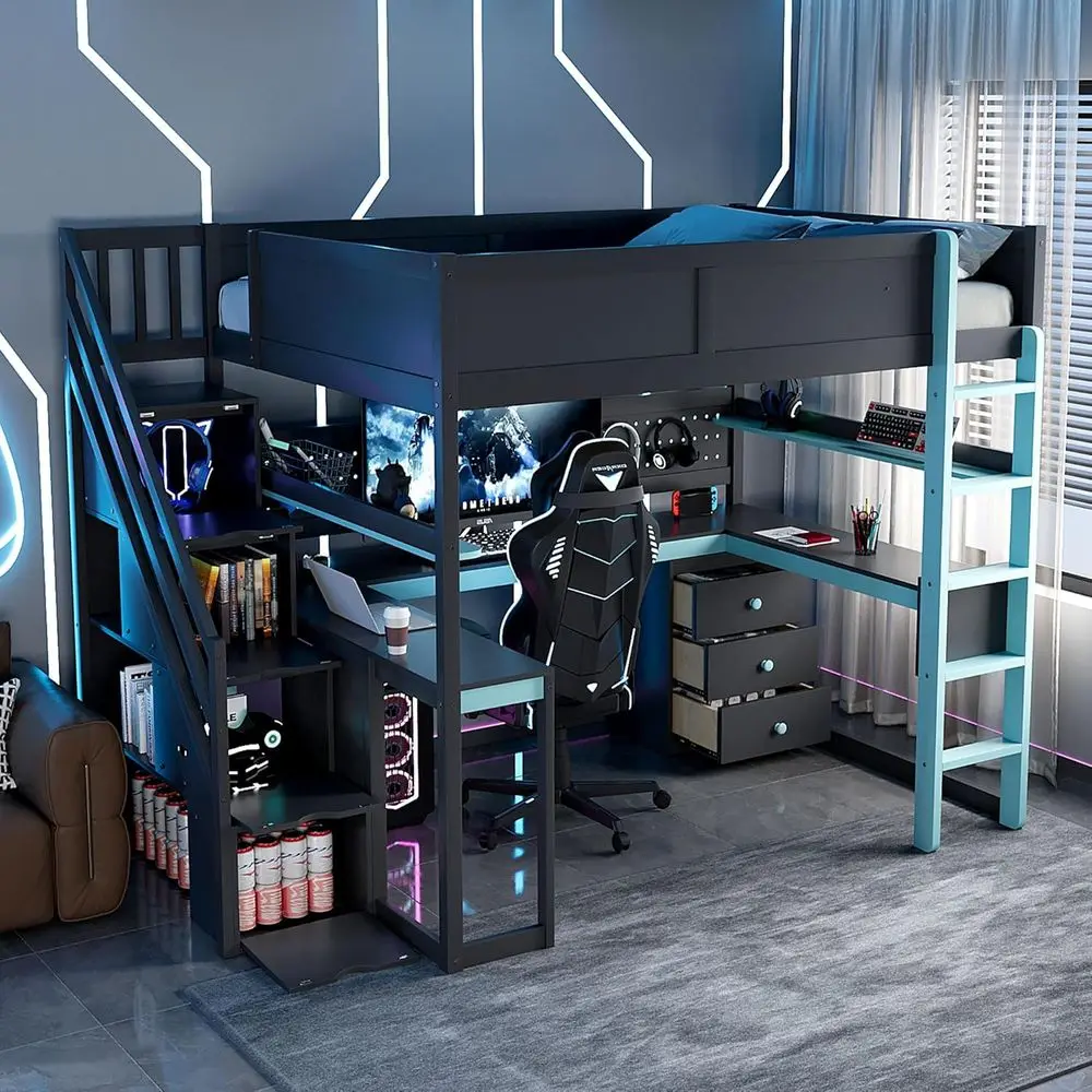 

Maximize Space with Gaming Loft Bed, Built-in Desk, Shelves & Pegboard for Kids and Teens - Black & Blue