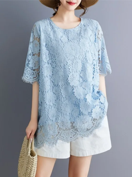 

Casual Lace Hollow out Short Sleeve round Neck T-Shirt plus Size Women's Summer Top Artistic Color Versatile Loose Fit