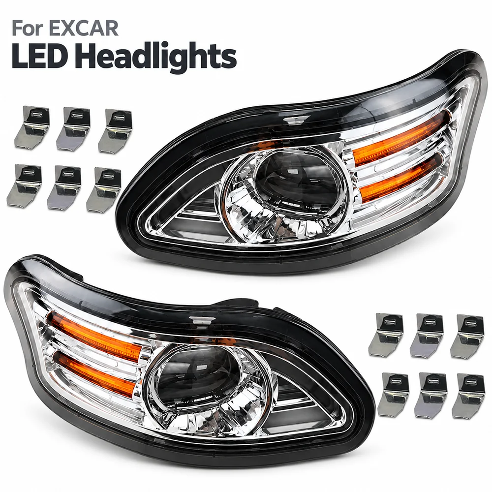 EXCAR Golf Cart Replacement Front LED Headlight Assembly with Amber Turn Signal, Left or Right, Includes 6 Mounting Clips
