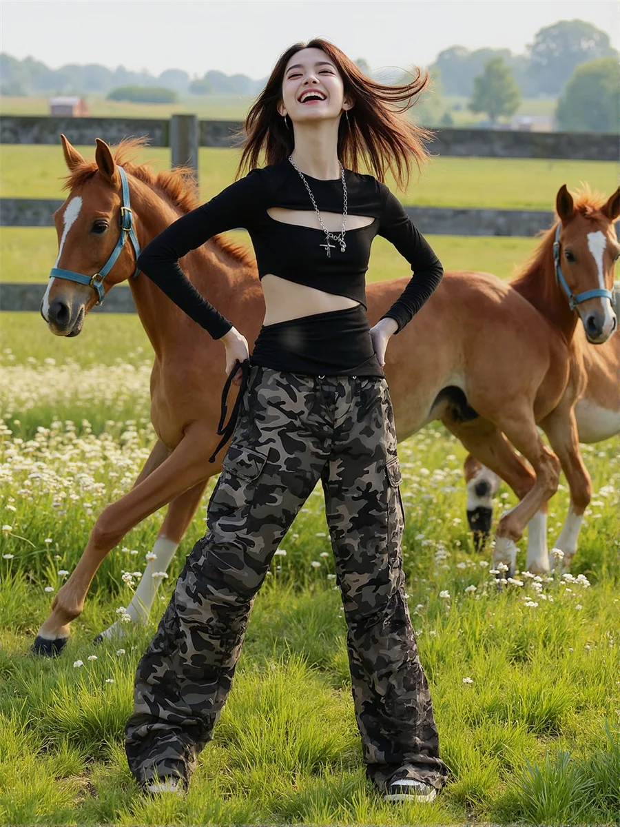 Pantaloni casual da donna stile coreano Camouflage bordo grezzo donna orlo senzaed look vintage moda streetwear trendy vita alta dritto