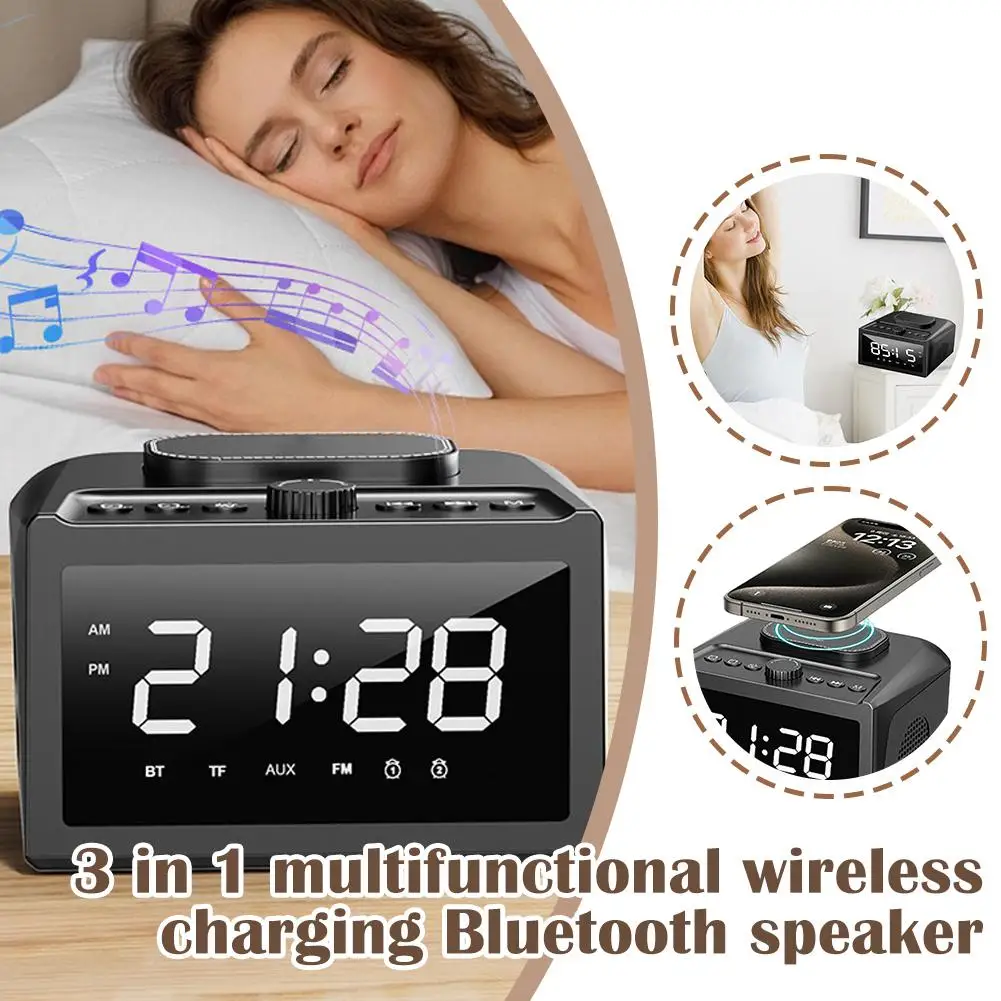 Wireless Charging Bluetooth Speaker Clock Alarm 3-in-1 Sound Charging LED Column Radio Display Multi-function FM Sound HIFI Y6J0