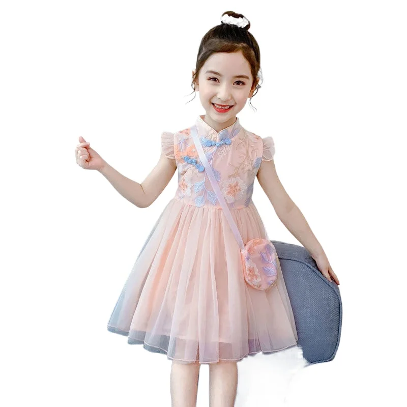 Girls Dress Summer Western Style Cheongsam Princess Dress Retro Chinese Style Mesh Gauze Puffy Skirt Outer Wear Casual Simple