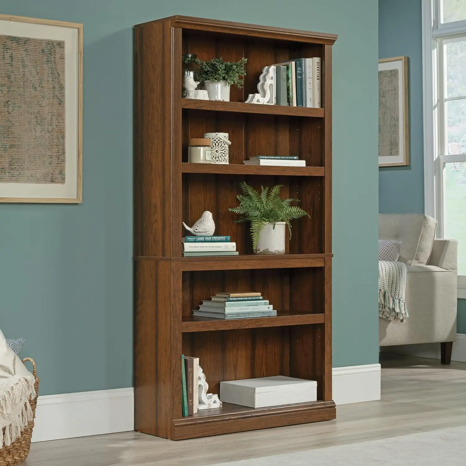 Sauder Miscellaneous Storage 5 Bookcase/Book Shelf, L: 35.28" x W: 13.23" x H: 69.76", Washington Cherry finish