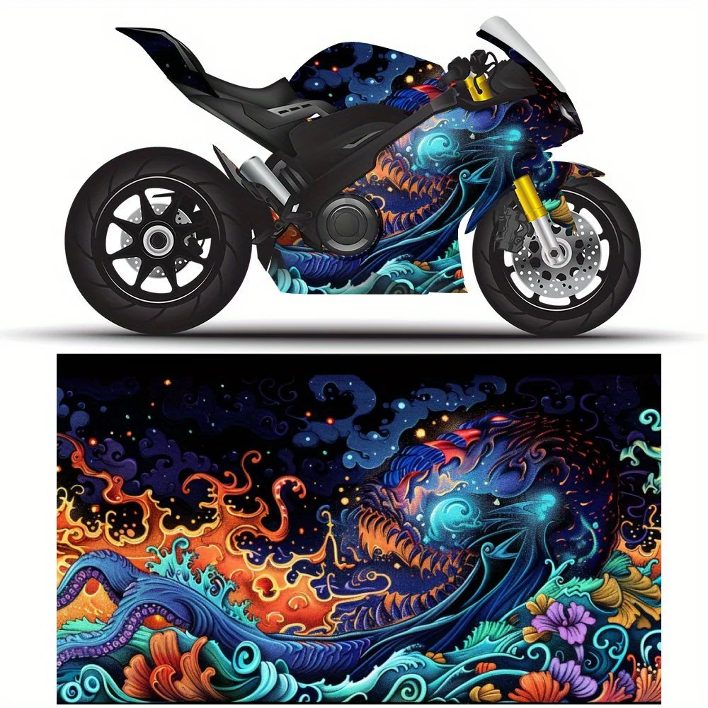 Cosmic Dragon Flames Art Motorcycle Vinyl Wrap, Decal Sticker, Splash-Resistant, Easy to Install, Durable Personalized Motorcycl