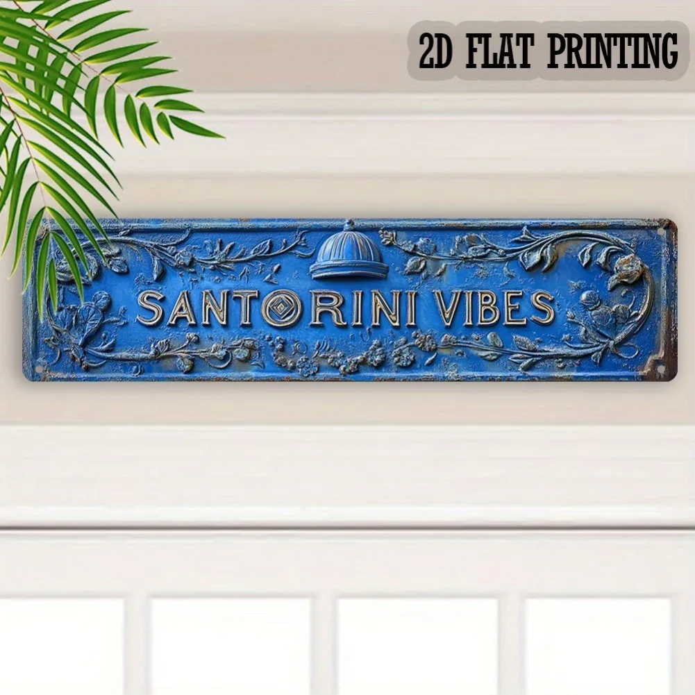 Letrero decorativo de pared de Metal plano 2D, 1 unidad, Retro Santorini Vibes, placa decorativa de hierro de inspiración griega de 4x16 pulgadas con azul y dorado