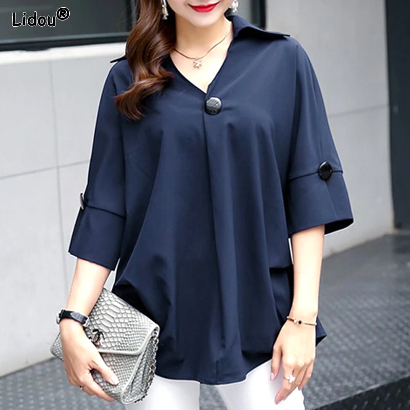 

Loose Three Quarter Sleeve Button Comfortable Korean Women's Clothing 2023 Spring Summer Thin Solid Elegant Fashion T-Shirts