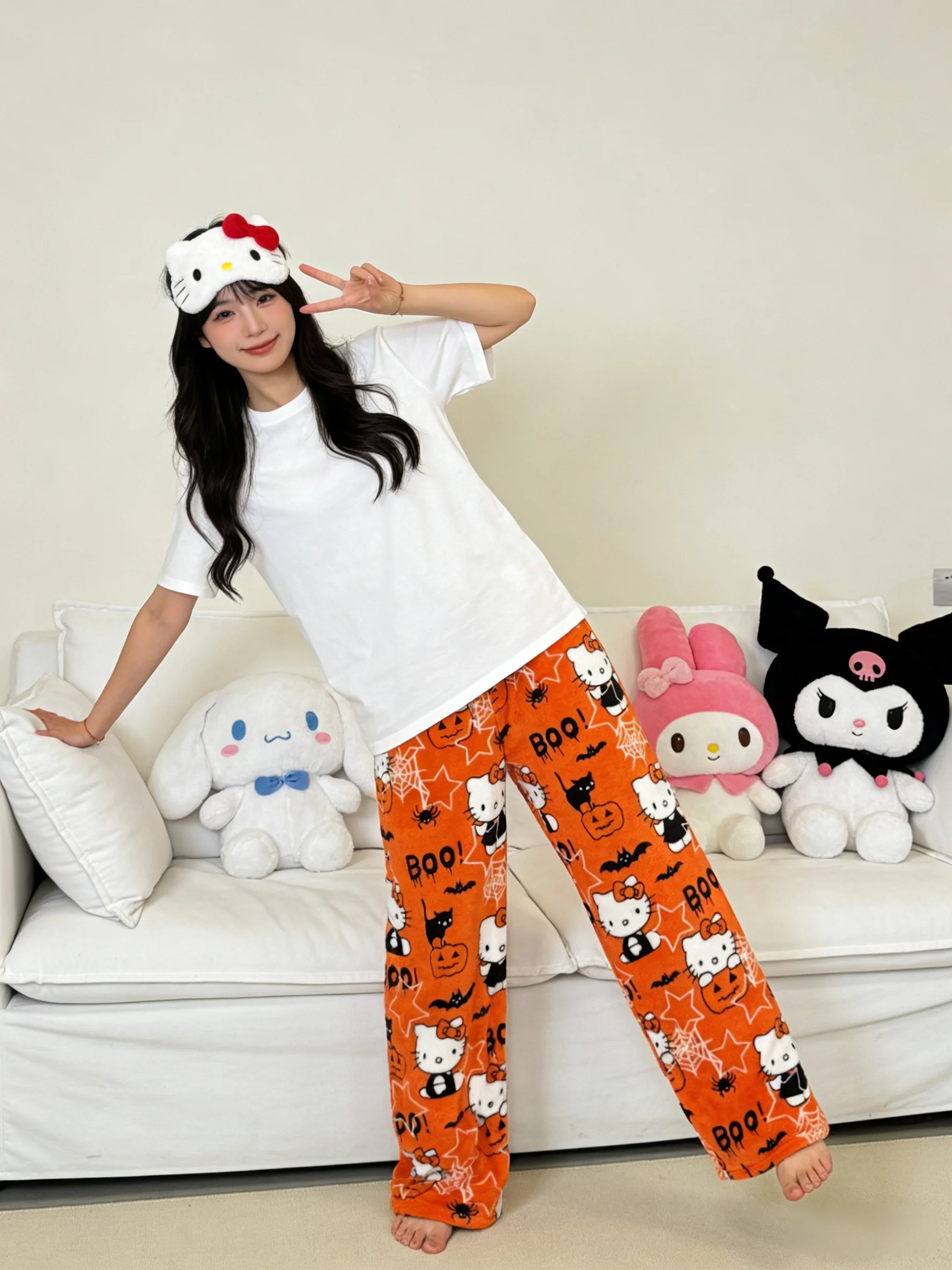 Hello Kitty Flannel Sleep Pants, Orange Warm Long Pants, Stylish Strolling Pants for Parties! Ideal Holiday Gift! view 3