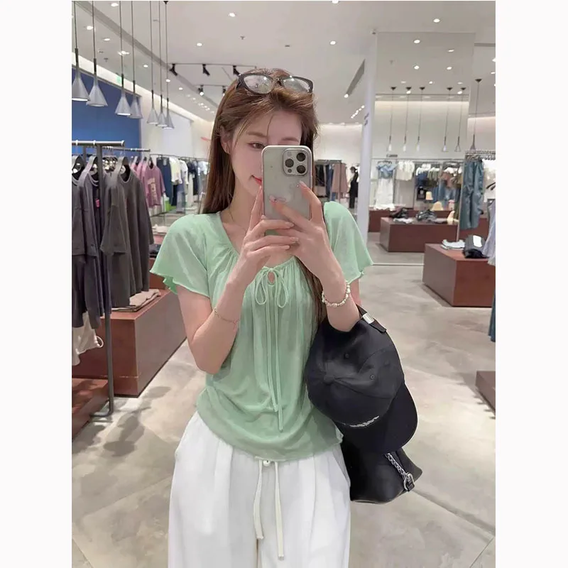 Loose Fit Short Sleeve T-Shirt Korean Style Green Grape Fresh And Sweet Style Drawstring Waist Slimming Top for Summer 2026