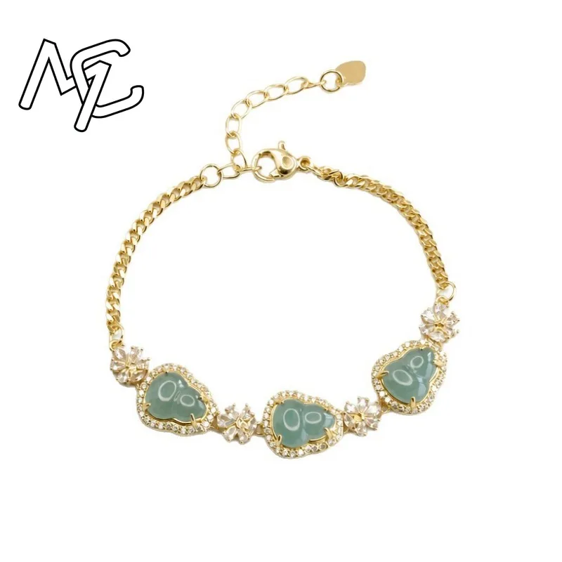 Natural A Grade Blue Water Jadeite Calabash Inlaid Bracelet Gold Plated Zircon Decor Lucky Gourd Gemstone Bracelet Jewelry Gift 5